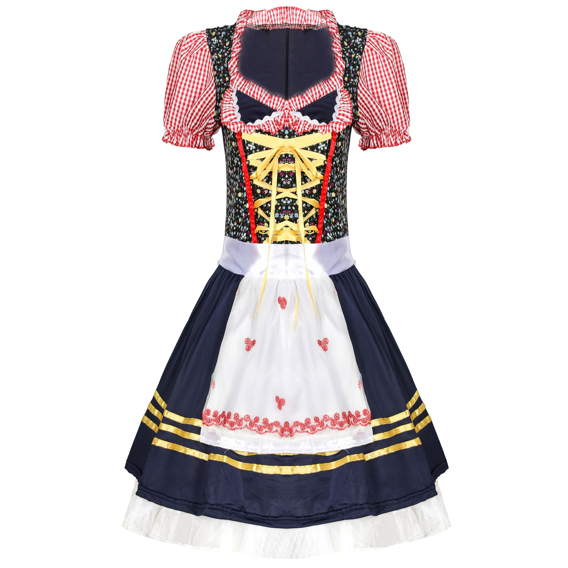 Traditional Oktoberfest Dirndl Dress Floral Corset Top with Red Gingham Design